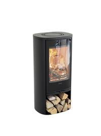 Side view of the Contura 810 wood burning stove in black, showcasing its classic cast iron door and sleek design.