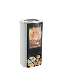 Side view of the Contura 810G wood burning stove in black, showcasing its large glass door and modern design.