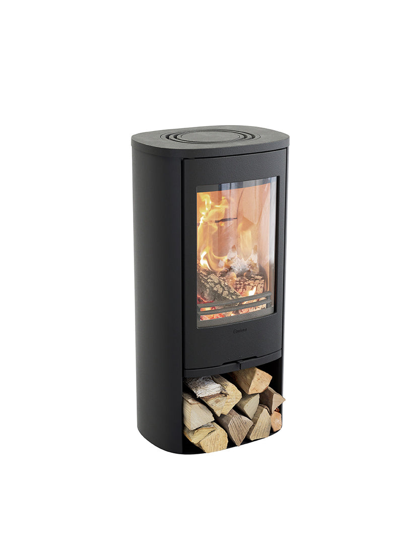 Side view of Contura 810G wood burning stove in black, showcasing the large glass door and modern design.