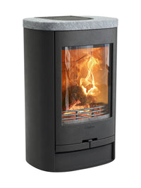Side view of the Contura 810L wood burning stove in sleek black, showcasing its compact design and elegant curves.