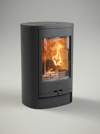 Side view of the Contura 810L wood burning stove in sleek black, showcasing its compact design and modern finish.
