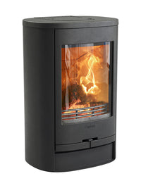 Side view of the Contura 810L wood burning stove in black, showcasing its compact design and sleek finish.