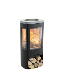 Side view of the Contura 856 wood burning stove showcasing its cast iron door and generous side panes.