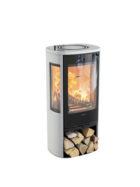 Side view of the Contura 856G wood burning stove with glass door, showcasing its sleek design and modern legs.
