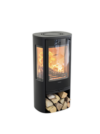 Side view of Contura 856G wood burning stove with glass door and sides, showcasing flames and modern design.