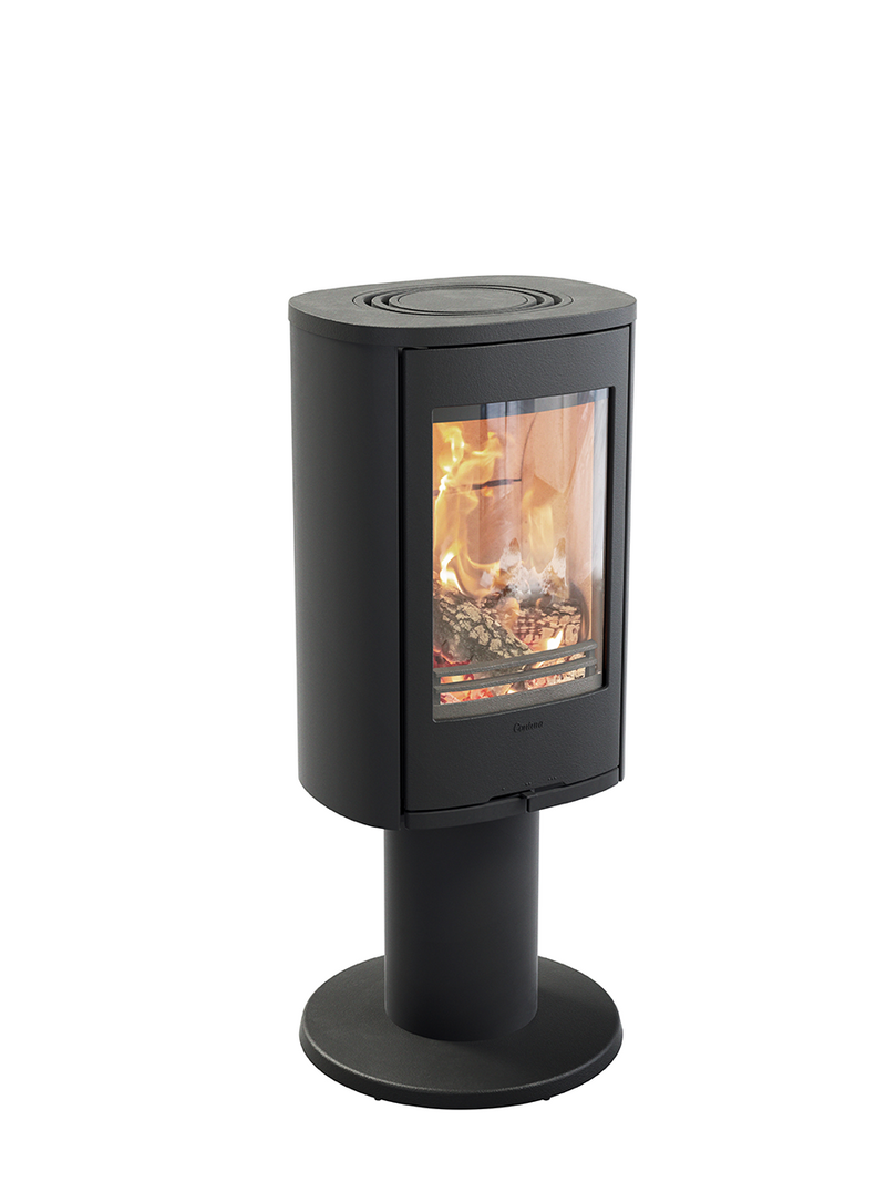 Side view of the Contura 870 wood burning stove with a cast iron door and pedestal base, showcasing its elegant design.