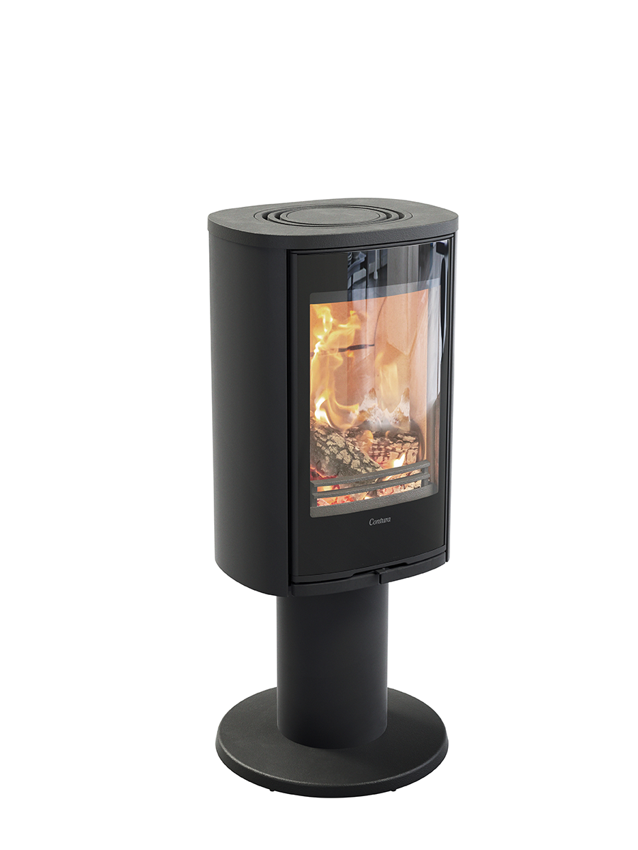 Contura 870G wood burning stove with a glass door, pedestal base, and optional turntable for full-circle viewing.