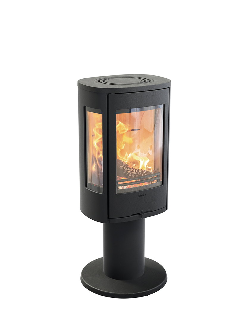 Contura 886 wood burning stove with glass sides and cast iron door, showcasing a modern design and warm flames.