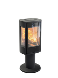 Side view of the Contura 886G wood burning stove with a glass door, showcasing its sleek design and generous side panes.