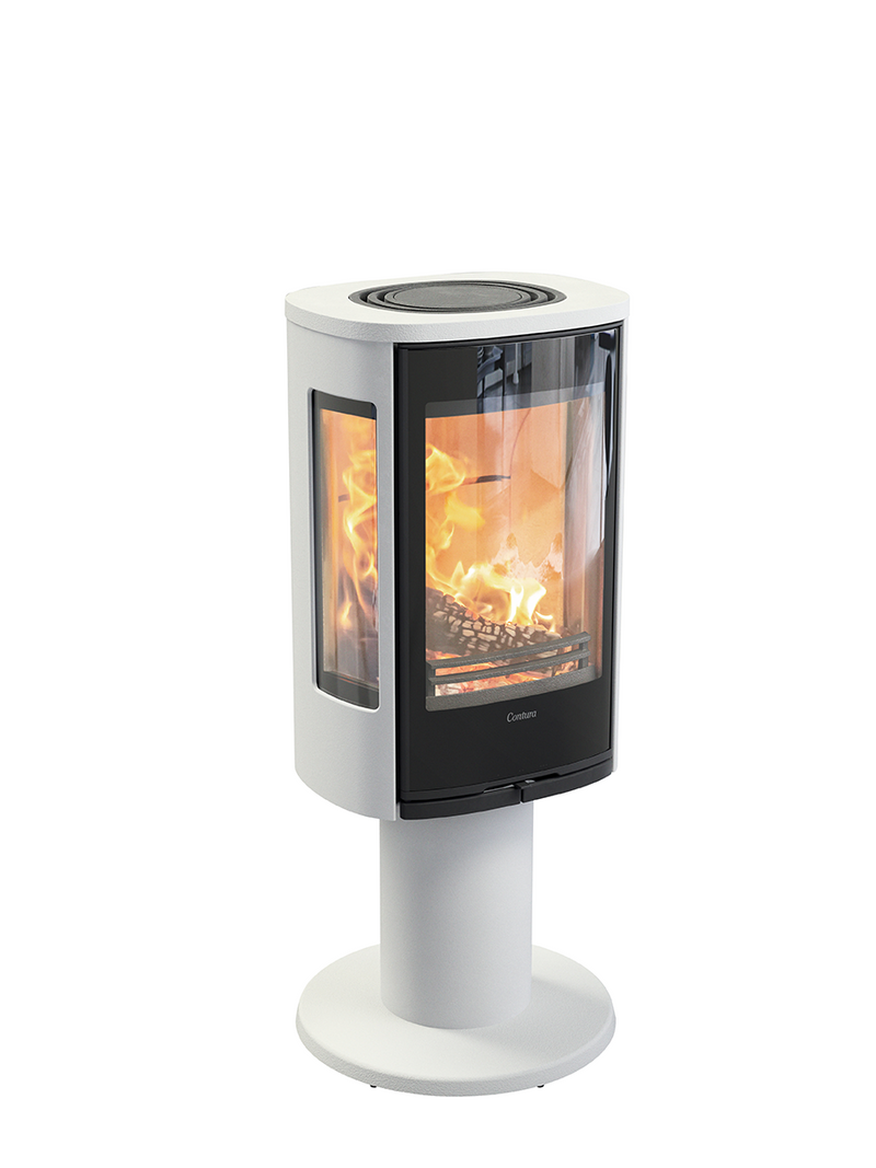 Side view of the Contura 886G wood burning stove with glass door, showcasing its sleek design and generous side panes.