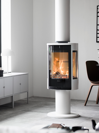 Contura 886G wood burning stove with glass door, showcasing sleek design and side panes for a floating fire effect.
