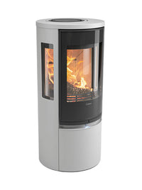 Side view of Contura Connect 556G wood burning stove with glass door and panels, showcasing its sleek design and smart features.