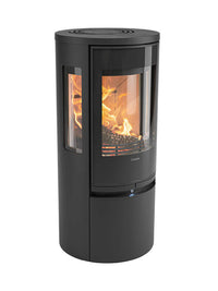 Side view of the Contura Connect 556G wood burning stove with glass door and panels, showcasing its sleek design.