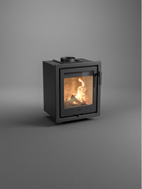 Side view of Contura i1 wood burning fireplace insert with cast iron door and sleek design, showcasing its compact size.
