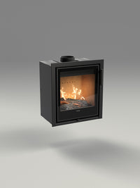 Side view of Contura i2G wood burning fireplace insert with glass door, showcasing its compact design and sleek finish.