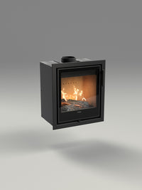 Side view of the Contura i2G wood burning fireplace insert with a sleek glass door and compact design.