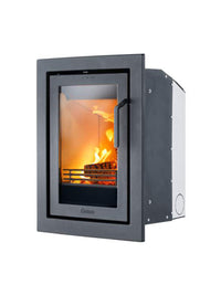 Side view of Contura i4 wood burning fireplace insert in black, showcasing its glass door and sleek design.