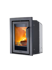 Side view of Contura i4 wood burning fireplace insert in black, showcasing its sleek glass door and compact design.