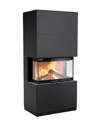 Side view of Contura i51 wood burning fireplace showcasing three-sided glass and modern design in black finish.