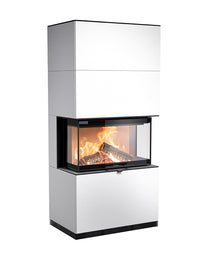Side view of Contura i51 wood burning fireplace with three glass sides and a spacious firebox in a modern living room setting.