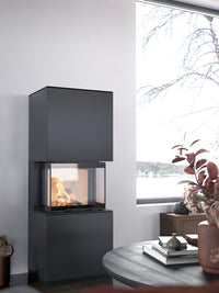 Side view of Contura i61 wood burning fireplace in black metal finish with cast iron door and side glass panels.