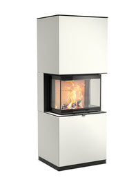 Side view of Contura i61 wood burning fireplace with black metal finish and cast iron door, showcasing side glass panels.