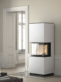 Tall Contura i61 wood burning fireplace with black metal finish and cast iron door, showcasing side glass panels.