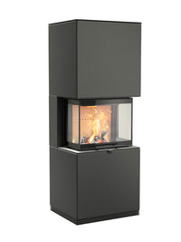Side view of Contura i61 wood burning fireplace with black metal finish and cast iron door, showcasing side glass panels.