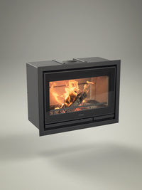 Side view of Contura i7 wood burning fireplace insert with cast iron door and steel frame, showcasing its sleek design.