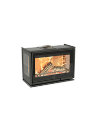 Side view of the Contura i8G wood burning fireplace insert with glass doors and sidelights showcasing the fire.