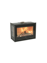 Side view of Contura i8G wood burning fireplace insert with glass doors and sidelights, showcasing the fire and design.