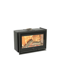 Side view of Contura i8G wood burning fireplace insert with glass doors and sidelights, showcasing the fire and design.