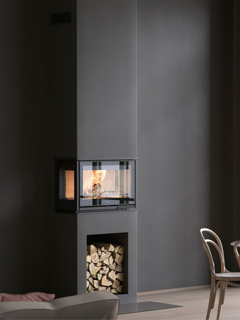 Contura i8G wood burning fireplace insert with glass doors and sidelights, showcasing a modern design in black steel.