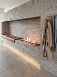 Side view of the Decoflame Denver F6 2520 Bioethanol Burner showcasing its sleek design and vibrant flames.