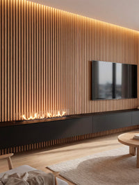Side view of Decoflame Denver F6 bioethanol burner with sleek design, showcasing flames and modern stainless steel finish.