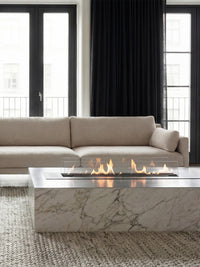 Side view of the Decoflame Denver F6 bioethanol burner showcasing its sleek design and vibrant flames.