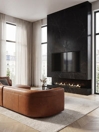 Side view of the Decoflame Denver F6 bioethanol burner showcasing the sleek design and vibrant flames in a modern setting.