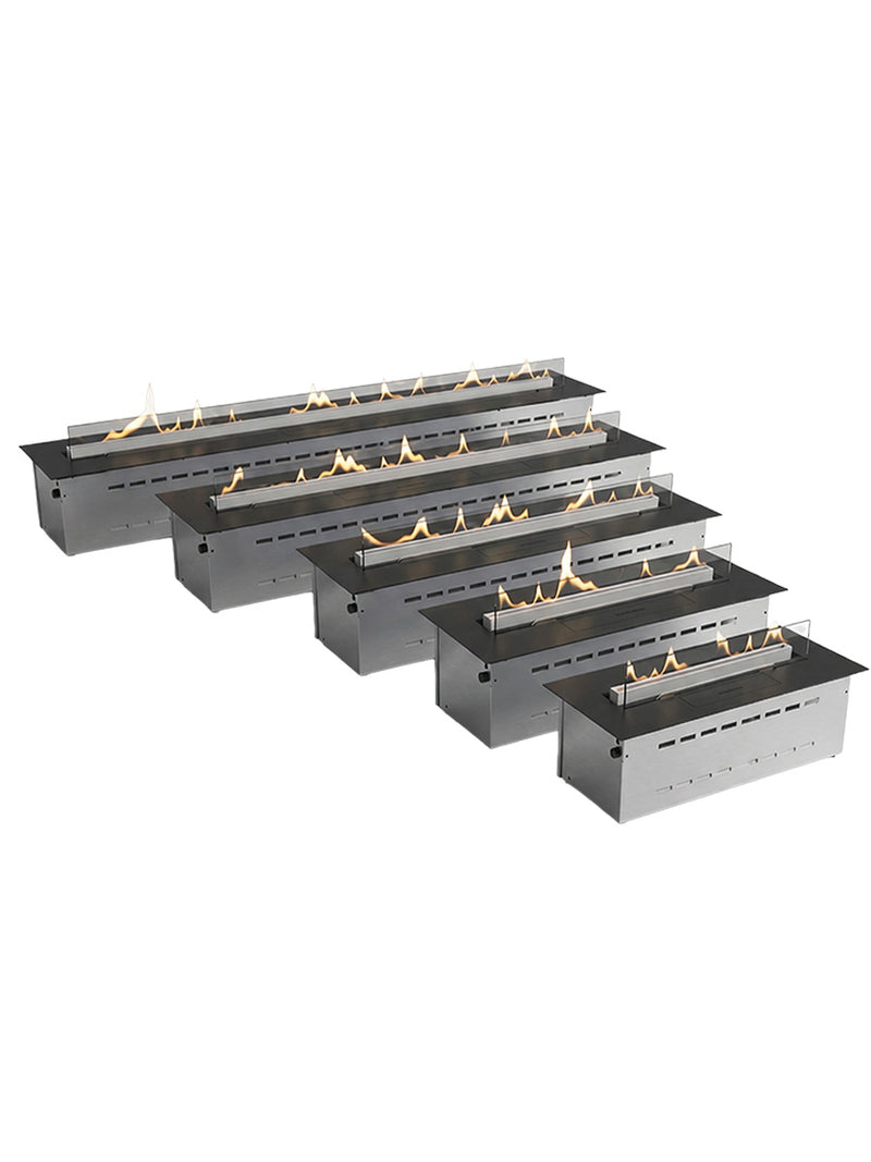 Large black Decoflame Denver F3 bioethanol burner with a sleek design and vibrant flames, perfect for spacious settings.