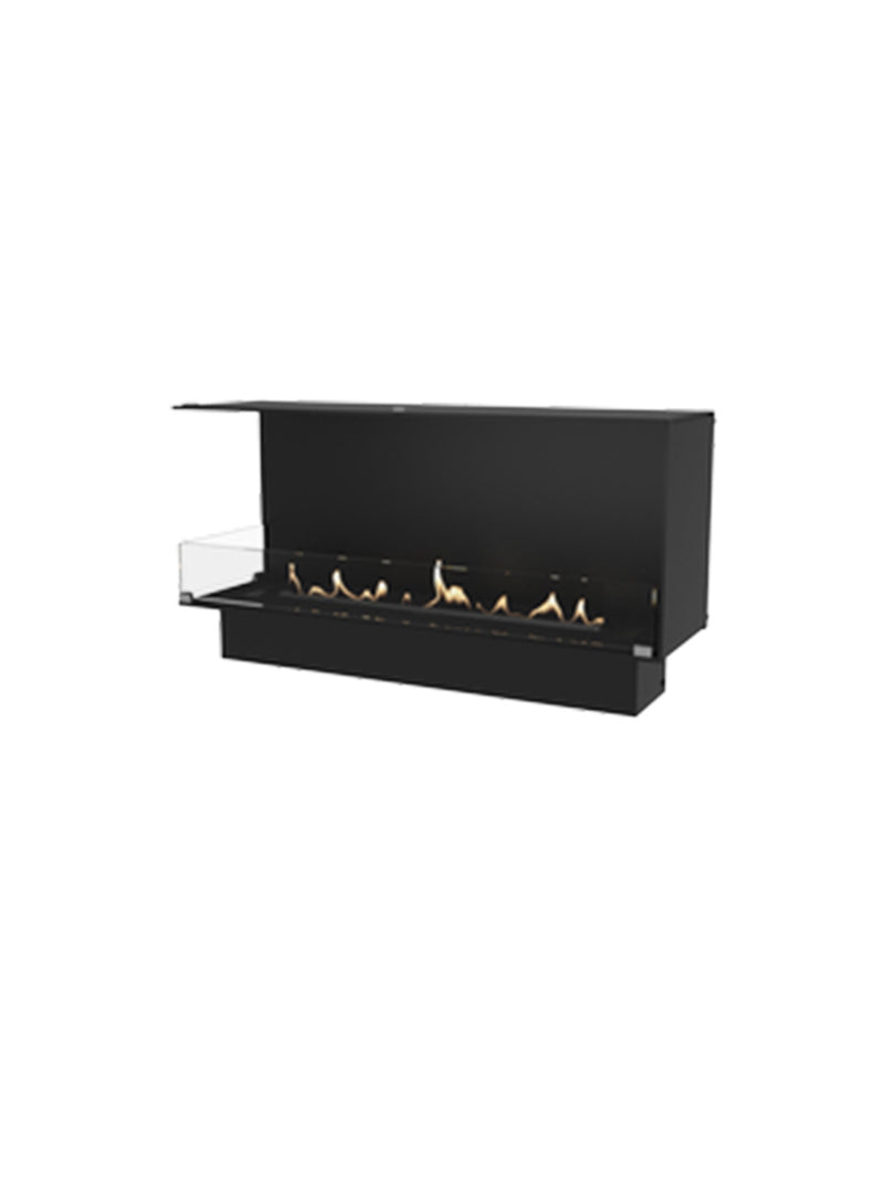 Side view of Decoflame Montreal 1000mm left corner bioethanol fireplace with glass panel and sleek black finish.