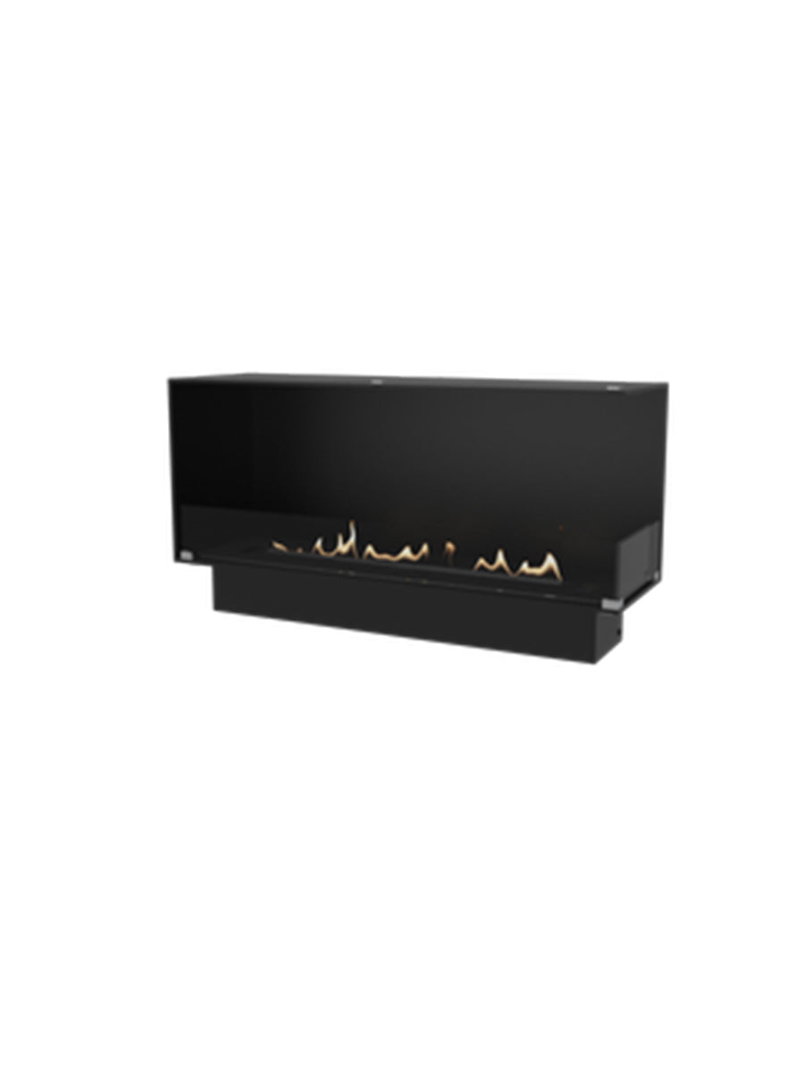 Right corner view of Decoflame Montreal bioethanol fireplace with glass panel, showcasing flames and sleek design.