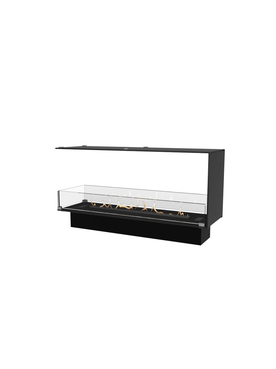 Modern bioethanol fireplace with glass panels, showcasing flames from both sides, elegantly dividing a luxury space.