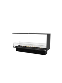 Modern bioethanol fireplace with glass panels, showcasing flames from both sides, elegantly dividing a luxury space.
