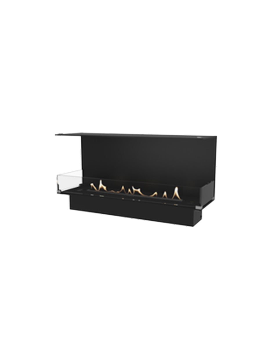 Three-sided glass bioethanol fireplace showcasing flames and sleek design in a modern living space.