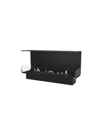Three-sided glass bioethanol fireplace showcasing flames and sleek design in a modern living space.