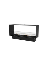 Modern black bioethanol fireplace with glass panels, showcasing flames from both sides in a luxury setting.