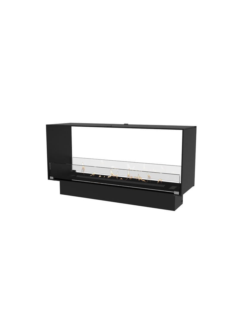 Modern black bioethanol fireplace with glass panels, showcasing flames from both sides in a luxury setting.