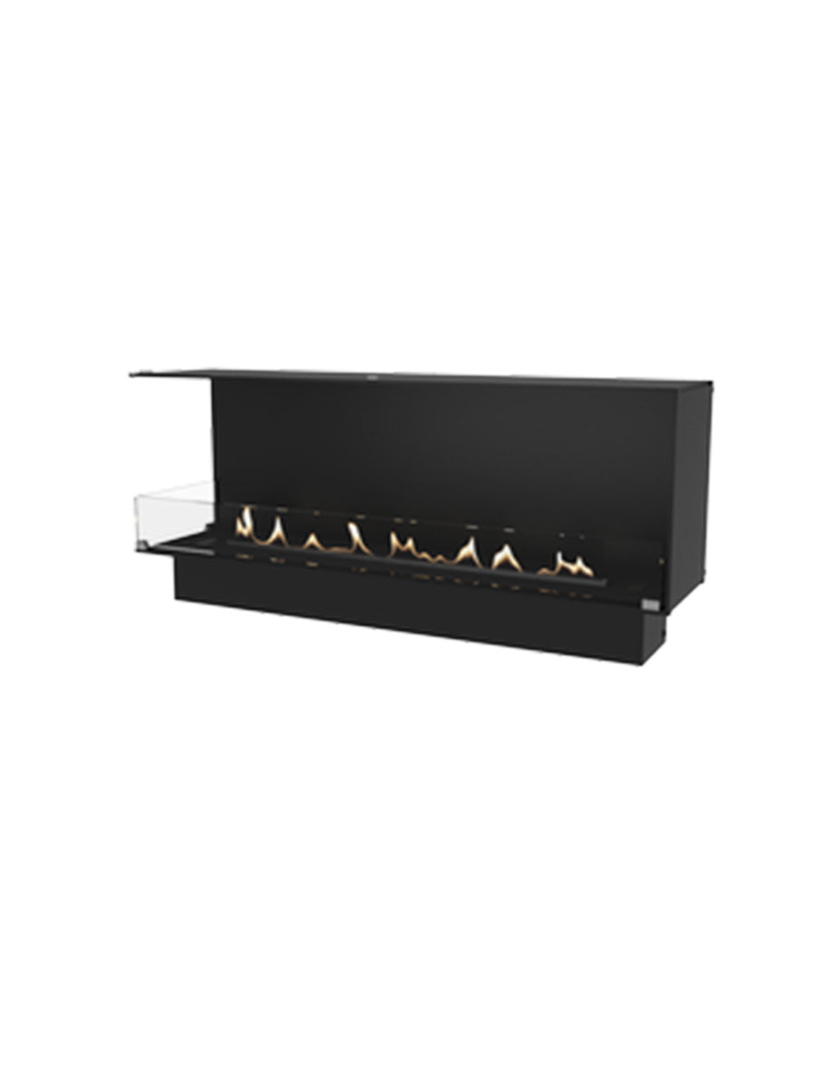 Left corner view of the Decoflame Montreal bioethanol fireplace with glass panel, showcasing the flame and sleek design.