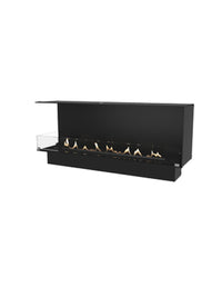 Left corner view of the Decoflame Montreal bioethanol fireplace with glass panel, showcasing the flame and sleek design.