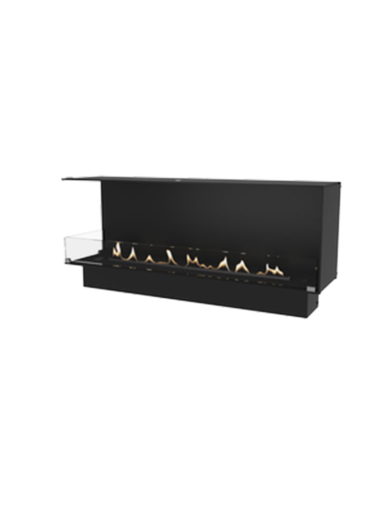 Left corner view of the Decoflame Montreal bioethanol fireplace with glass panel, showcasing the flame and sleek design.