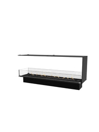 Stylish Decoflame Montreal 1200mm bioethanol fireplace with glass panels, showcasing flames from both sides in a modern setting.